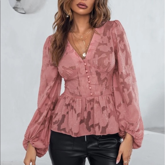 Tops - Romantic floral appliqué button detail peplum blouse redwood